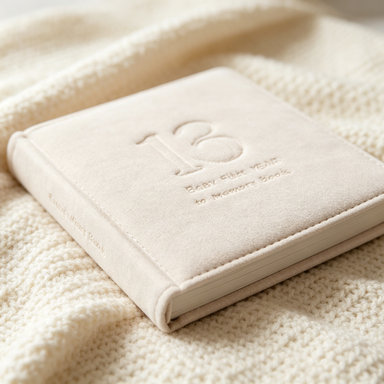 Close-up of the padded fabric cover of the baby first year memory book on a cream knitted blanket