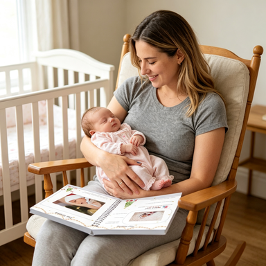 New mother in a nursery rocking chair with her newborn and the baby first year memory book open on her lap