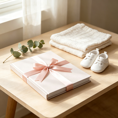 Baby first year memory book tied with a pink ribbon beside white baby shoes and eucalyptus