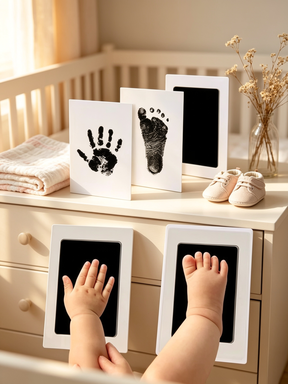 Close-up of baby handprint keepsake frame impressions