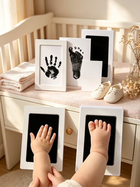 Baby handprint and footprint keepsake kit in nursery