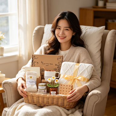 Woman holding get well care package basket