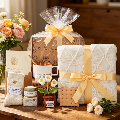 Care package basket wrapped as a gift with ribbon