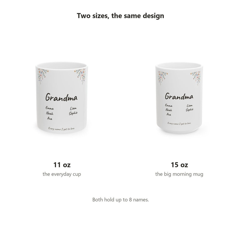 The same design in 11 oz and 15 oz, both holding up to eight names