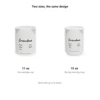 The same design in 11 oz and 15 oz, both holding up to eight names