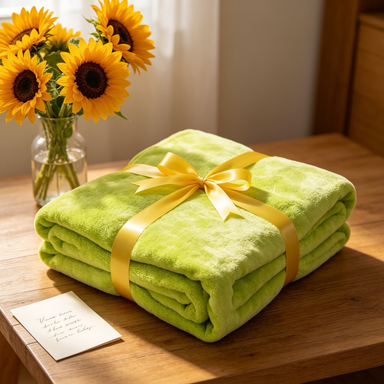 Comfort throw blanket gift with yellow ribbon and sunflowers