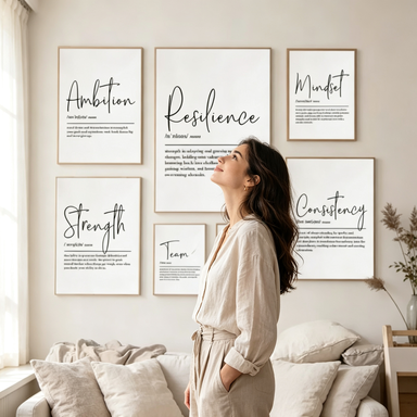 Woman looking at inspirational canvas wall art
