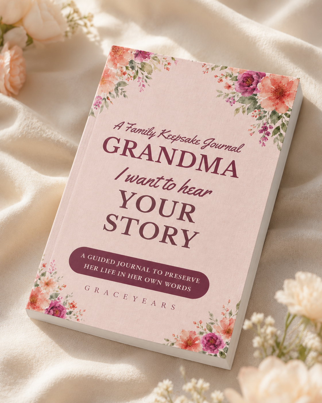 Grandma, I Want to Hear Your Story keepsake journal styled with soft flowers — thoughtful gift for grandma