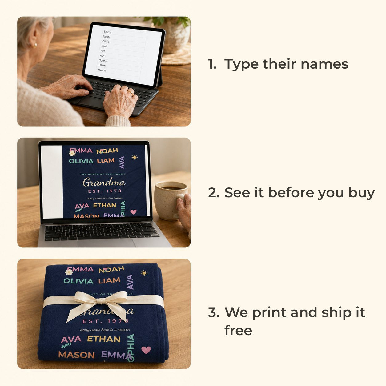 How it works: type their names, see it before you buy, we print and ship it free