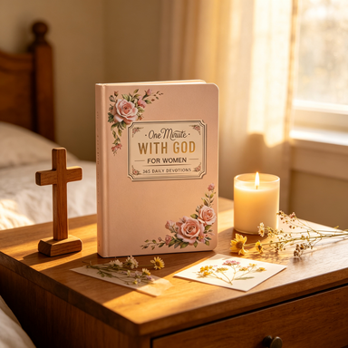 Daily devotional book on bedside table with cross and candle lifestyle