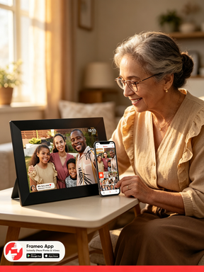 Grandmother smiling at her digital photo frame