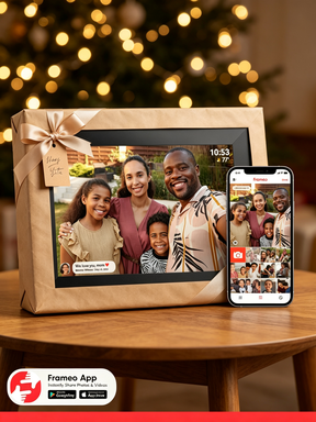Digital photo frame gift wrapped with ribbon