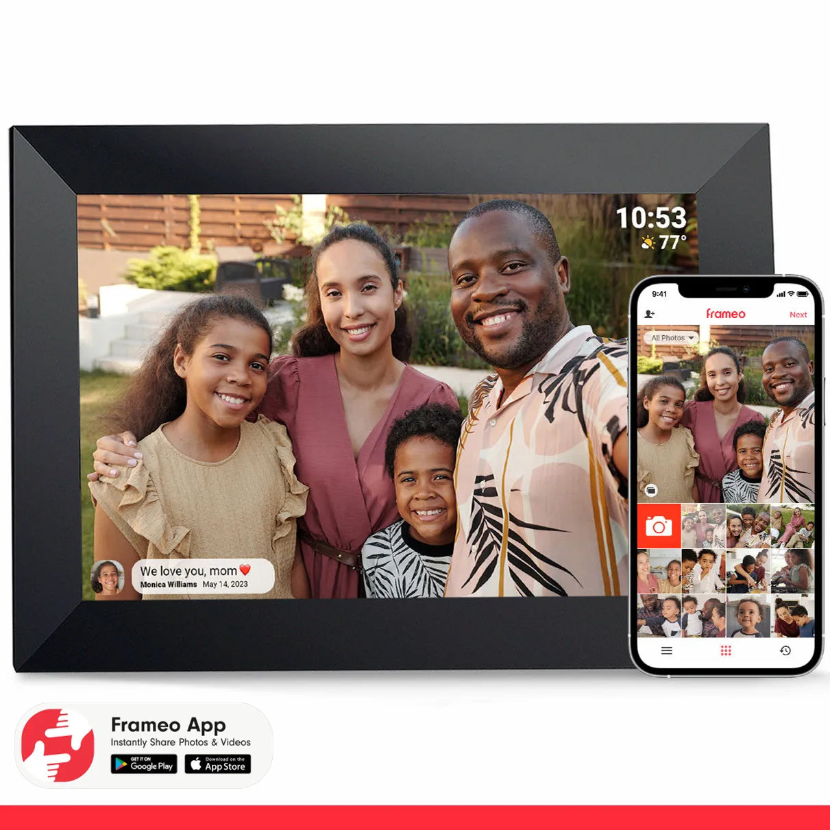 Smart WiFi digital photo frame in cozy living room showing grandchildren
