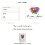 How it works: type their names, see the finished cup on the page, we print it and ship it free