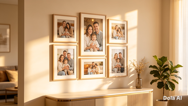 Close-up of multi-photo collage frame molding and photos