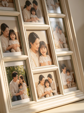Family photo collage frame set cozy home decor scene