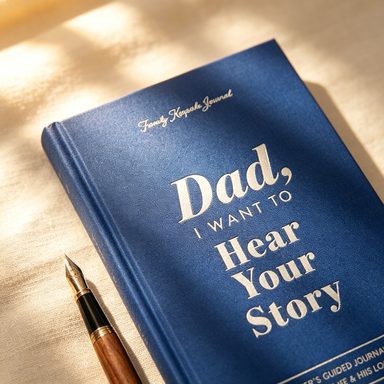 Close-up of the linen hardcover texture of the family legacy story journal with a fountain pen