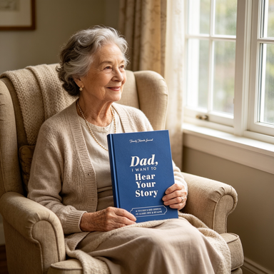 Grandmother sitting by a window holding the family legacy story journal in her lap