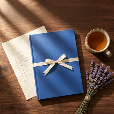 Family legacy story journal tied with a cream ribbon beside tea and dried lavender