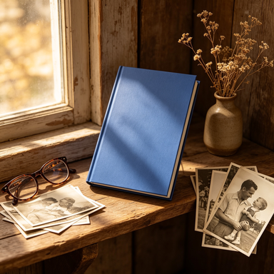 Family legacy story journal on a rustic wooden shelf with old family photographs and reading glasses