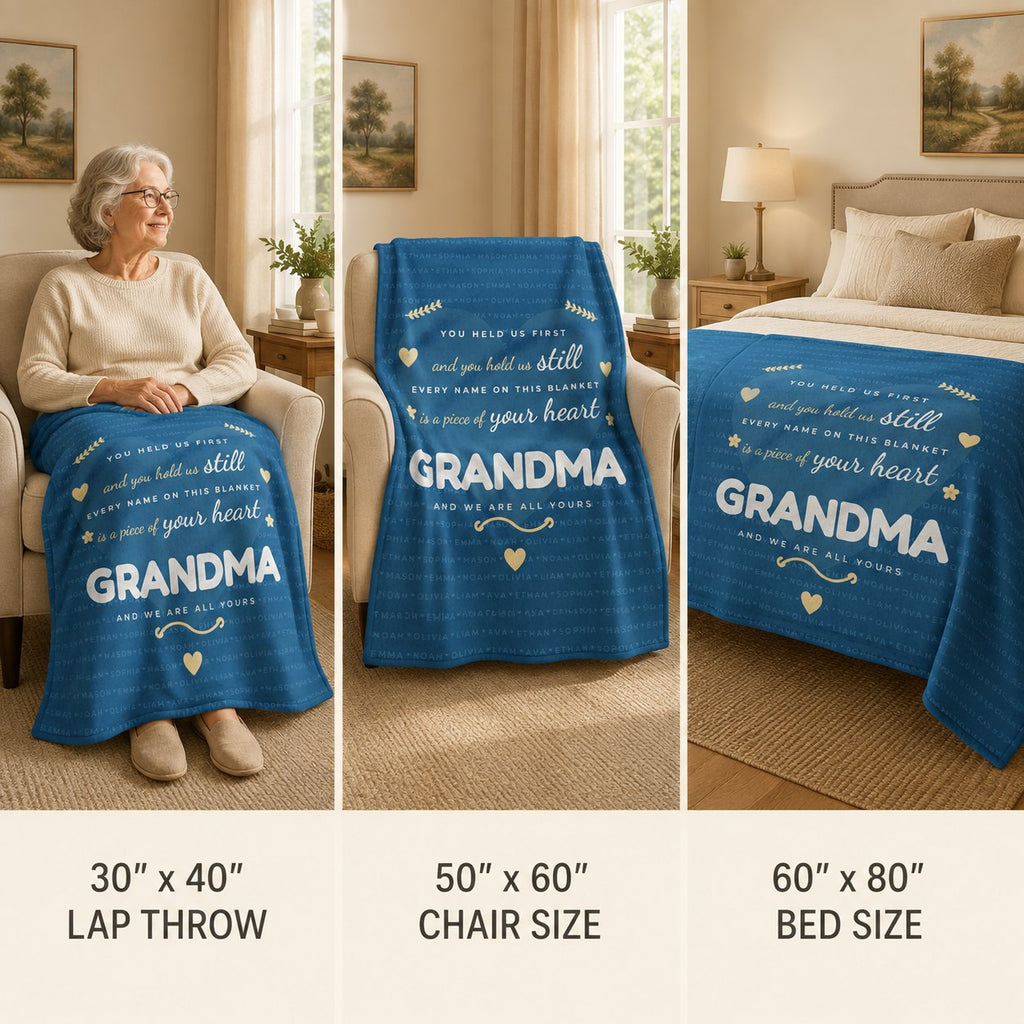 Personalized grandkids names blanket shown in 30x40 lap throw, 50x60 chair and 60x80 bed sizes
