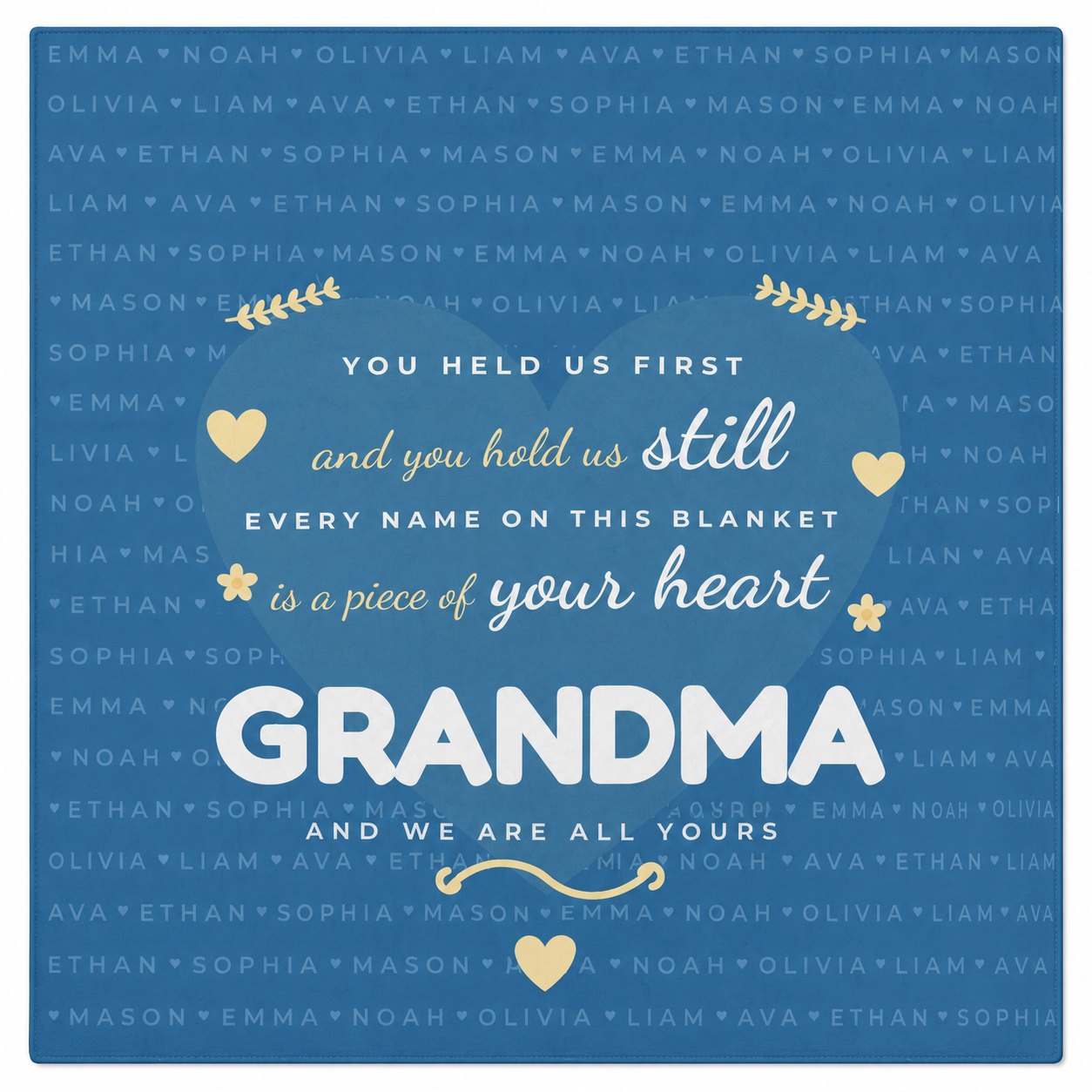 Full Heart of Names design of the personalized grandkids names blanket laid flat