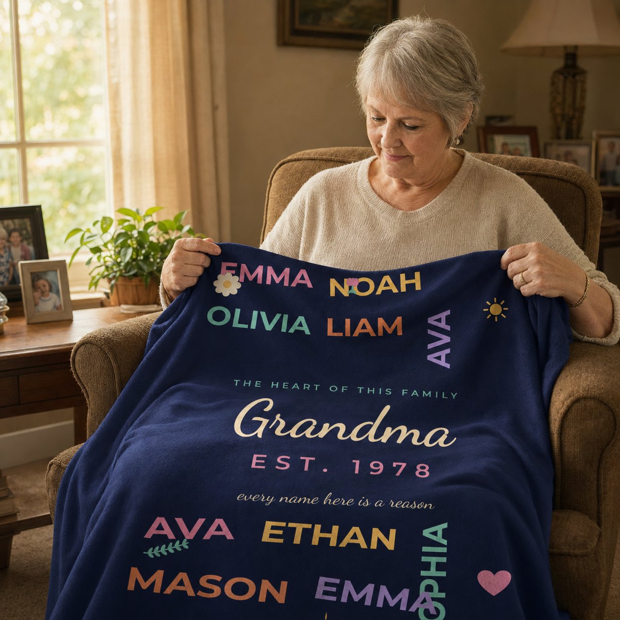 Grandmother holding a navy fleece blanket printed with her grandchildren's names in colour