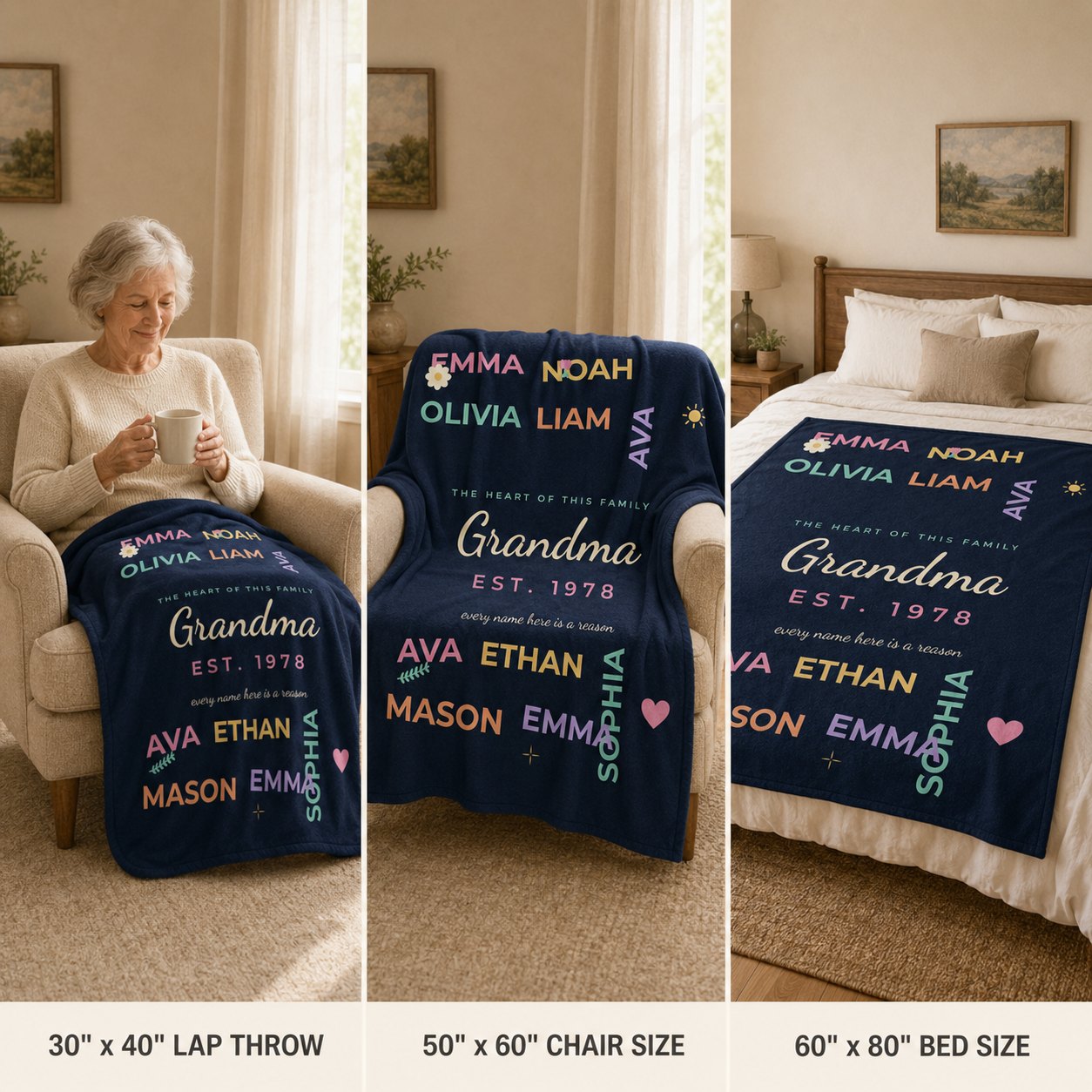 Personalized grandkids names blanket shown in 30x40 lap throw, 50x60 chair and 60x80 bed sizes