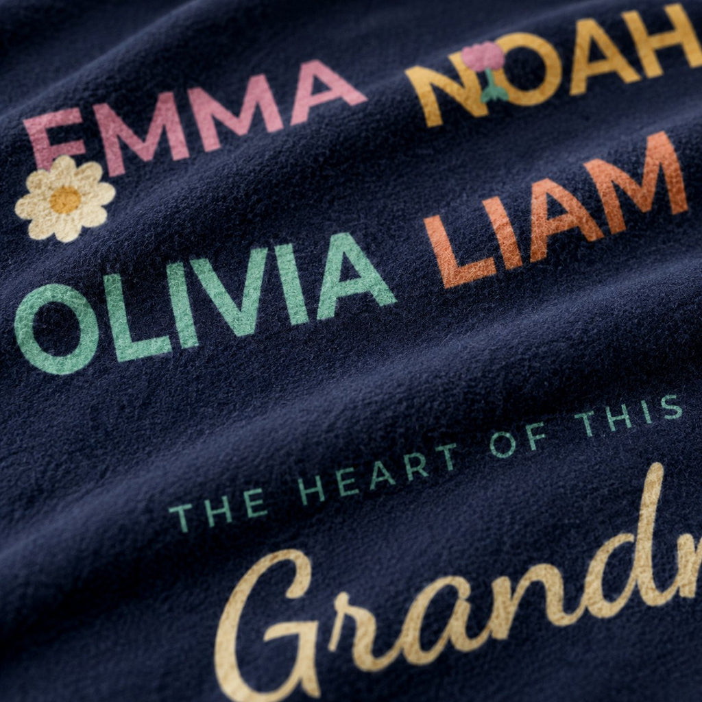 Close-up of the soft fleece texture and the printed grandchildren's names