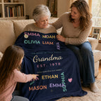 Three generations looking together at the personalized names blanket