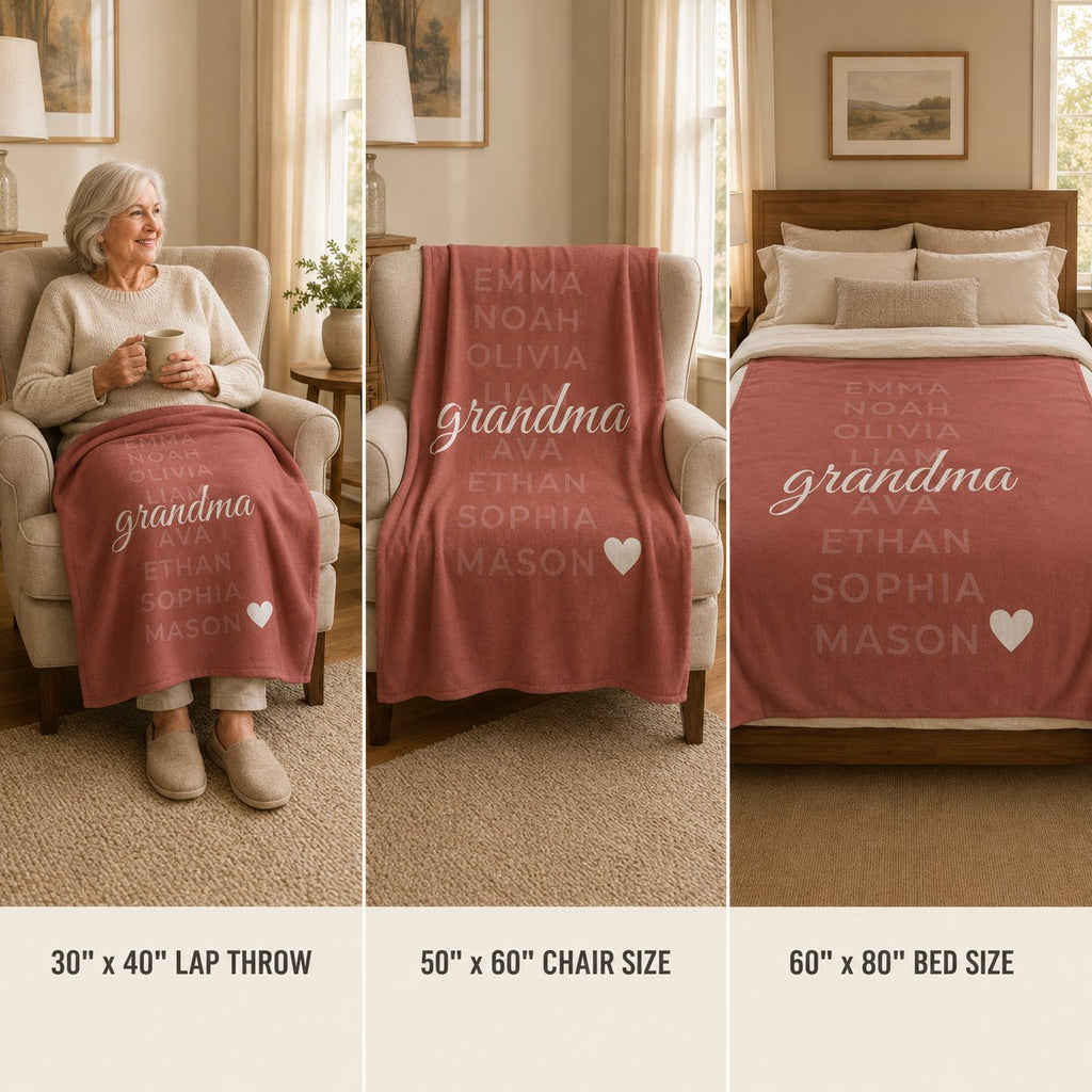 Personalized grandkids names blanket shown in 30x40 lap throw, 50x60 chair and 60x80 bed sizes