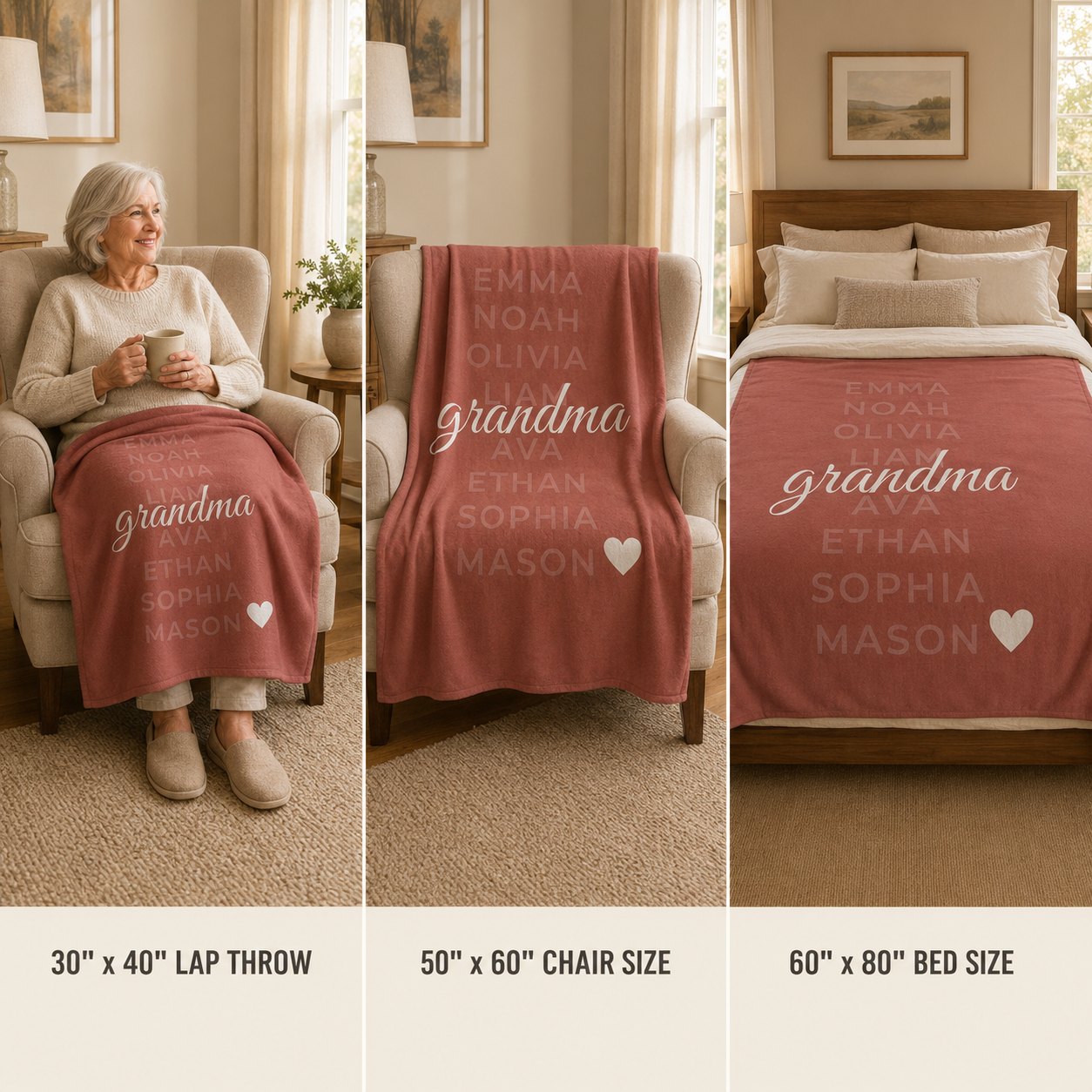 Personalized grandkids names blanket shown in 30x40 lap throw, 50x60 chair and 60x80 bed sizes
