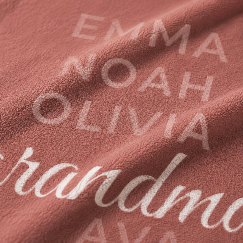 Close-up of the soft fleece texture and the printed grandchildren's names