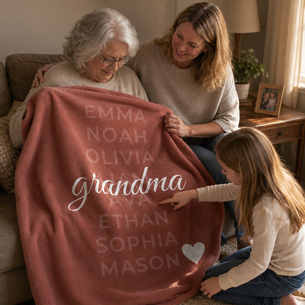 Three generations looking together at the personalized names blanket