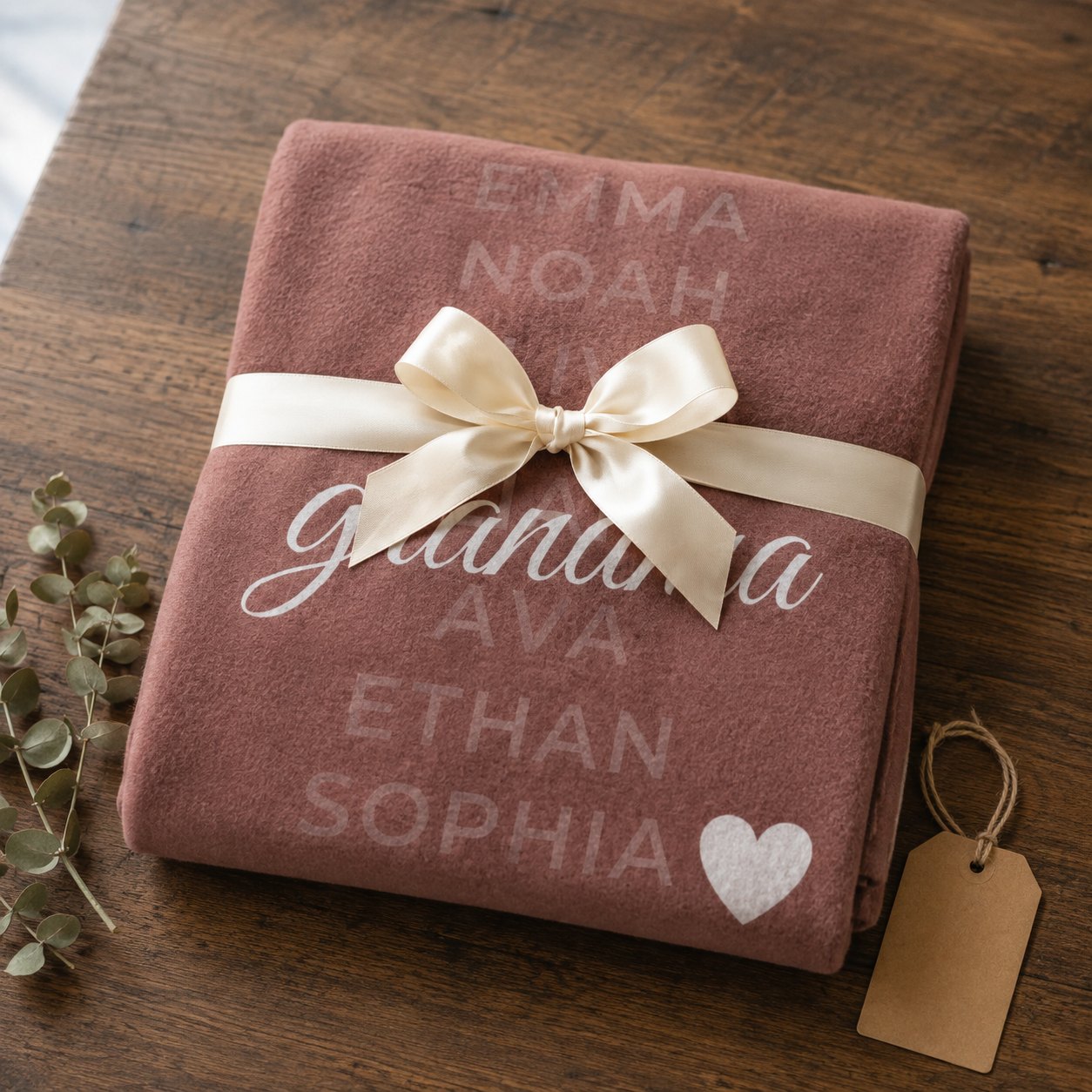 Personalized grandkids names blanket folded and tied with a cream ribbon as a gift