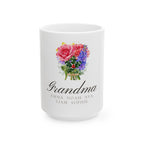 The 15 oz size of the Garden Bouquet grandkids names mug