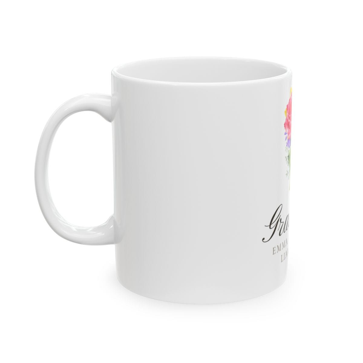 Garden Bouquet mug seen from the left, showing how the design wraps around the body