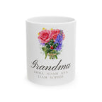 White ceramic mug printed with a watercolour bouquet, the name Grandma, and five grandchildren's names