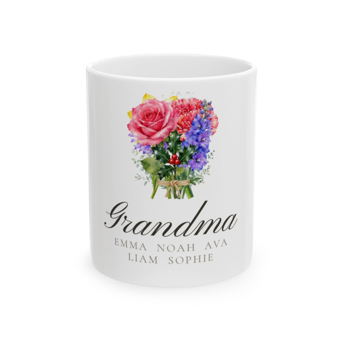 White ceramic mug printed with a watercolour bouquet, the name Grandma, and five grandchildren's names