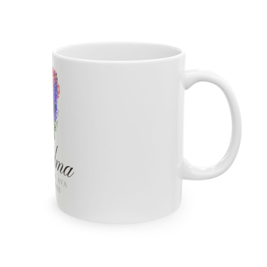 Garden Bouquet mug seen from the right, with the C-handle and glossy white ceramic