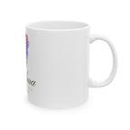 Garden Bouquet mug seen from the right, with the C-handle and glossy white ceramic