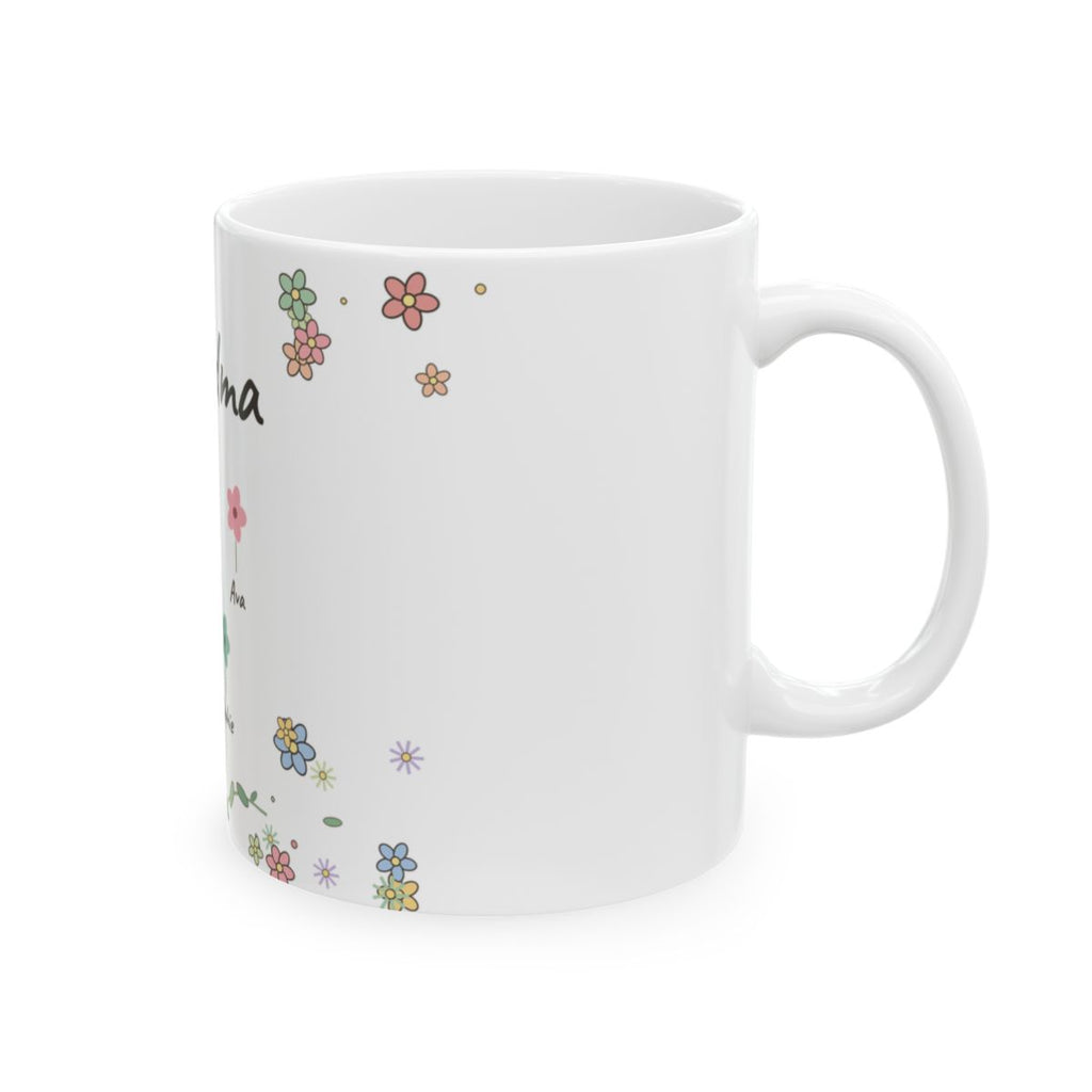 Little Blooms mug seen from the right, with the C-handle and glossy white ceramic