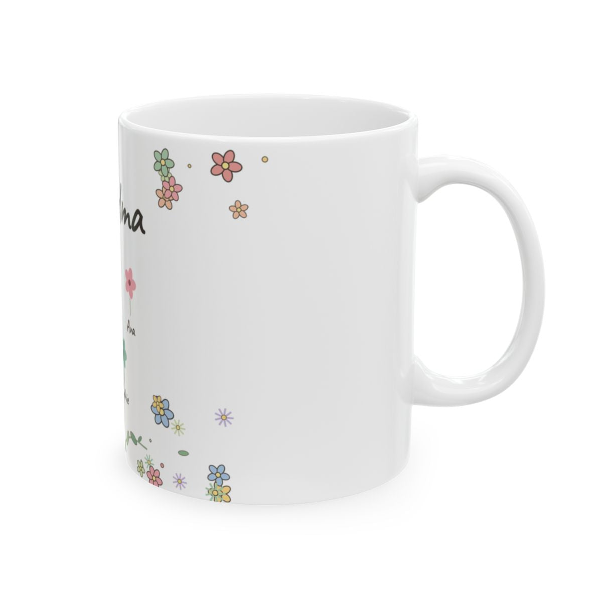 Little Blooms mug seen from the right, with the C-handle and glossy white ceramic