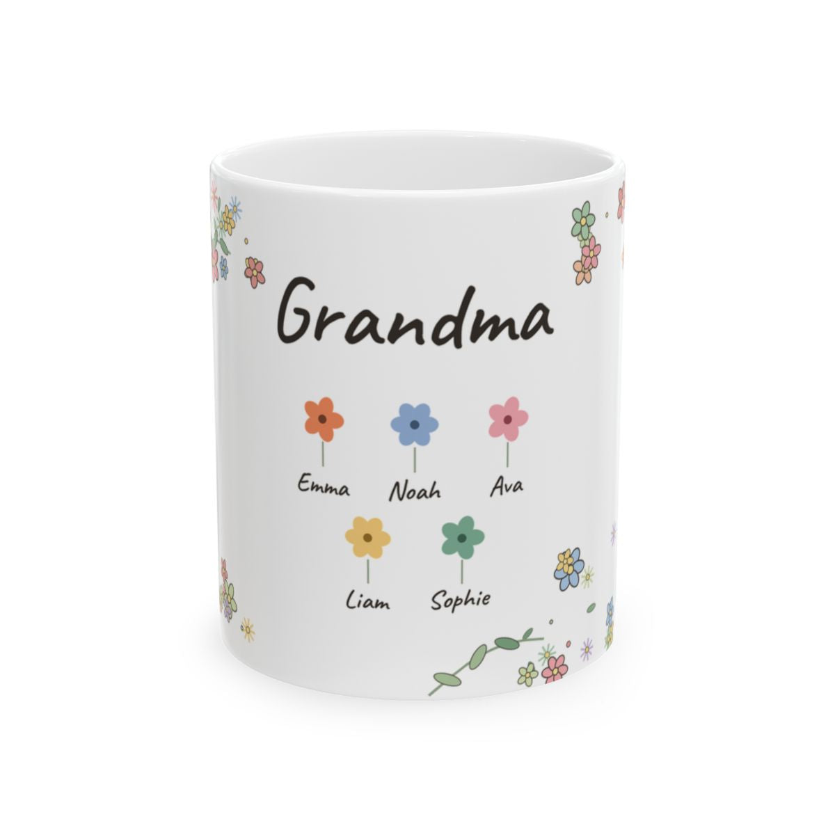 White ceramic mug printed with one hand-drawn flower for each grandchild, each with their name underneath