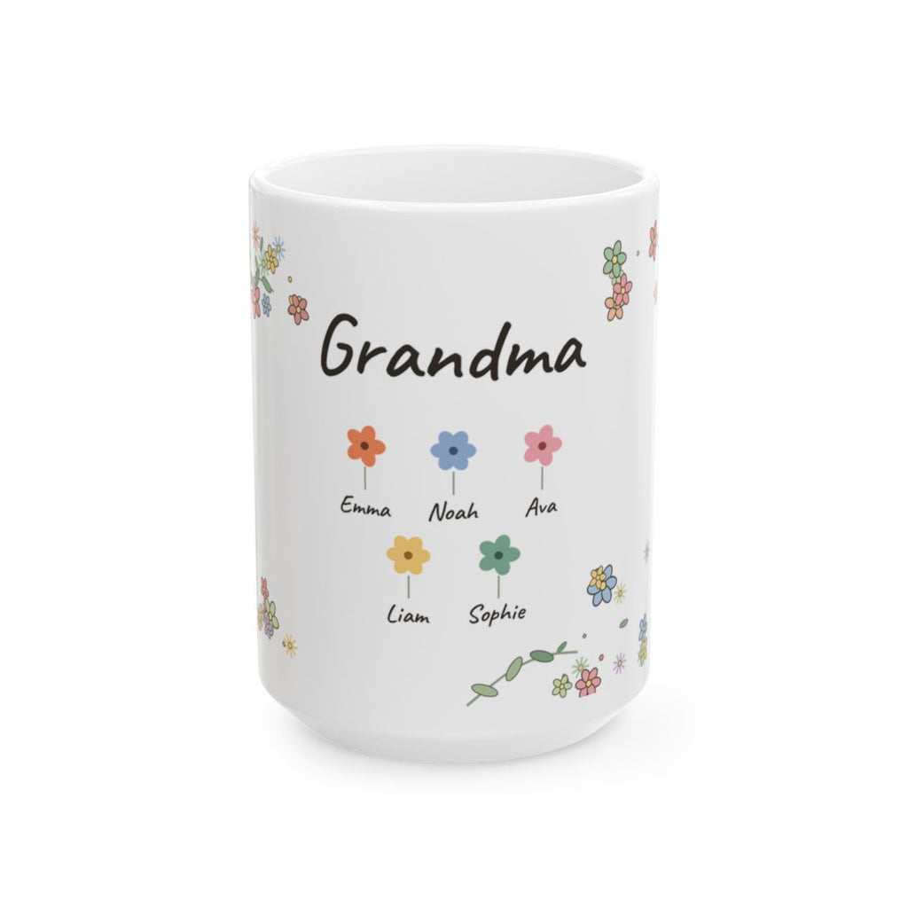 The 15 oz size of the Little Blooms grandkids names mug