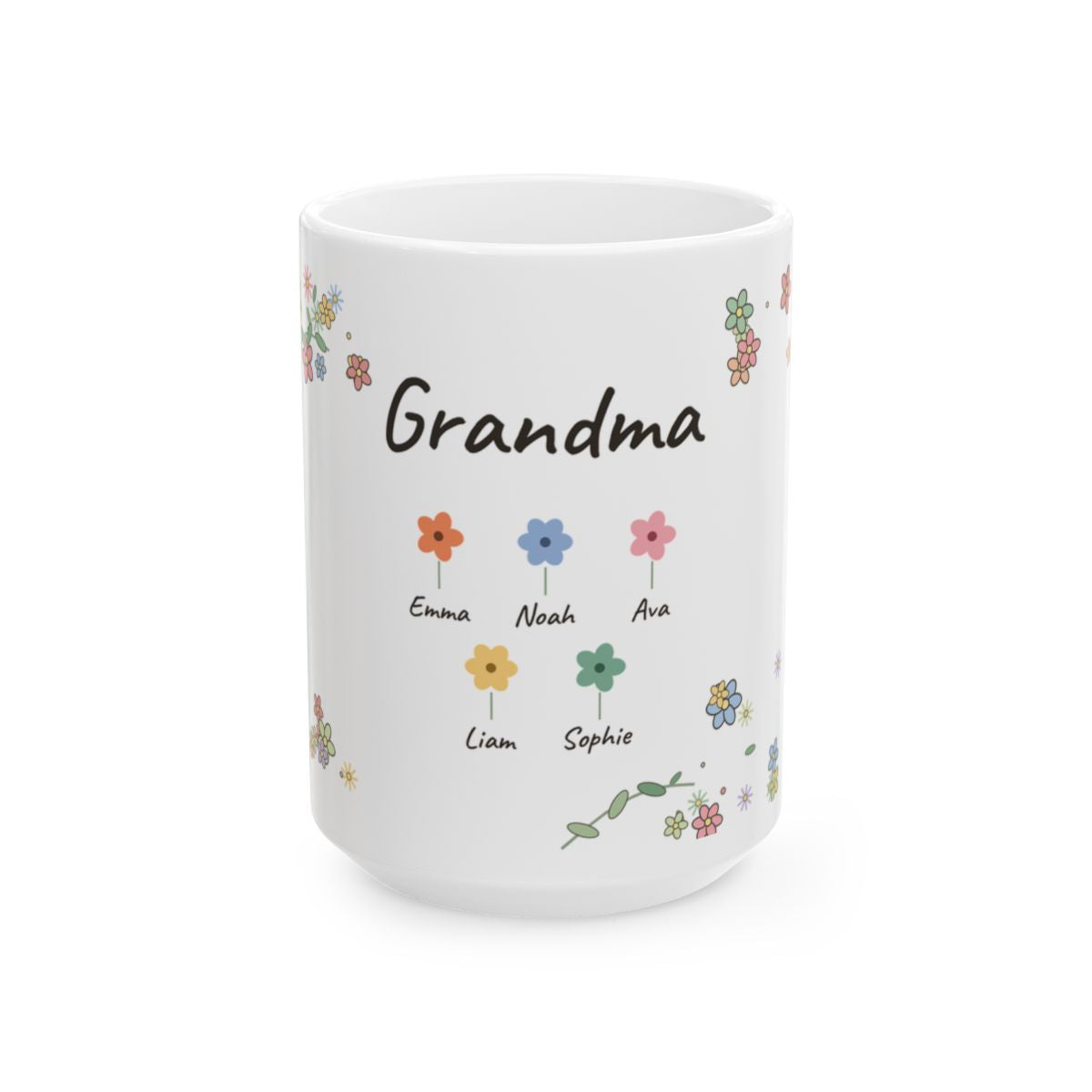 The 15 oz size of the Little Blooms grandkids names mug