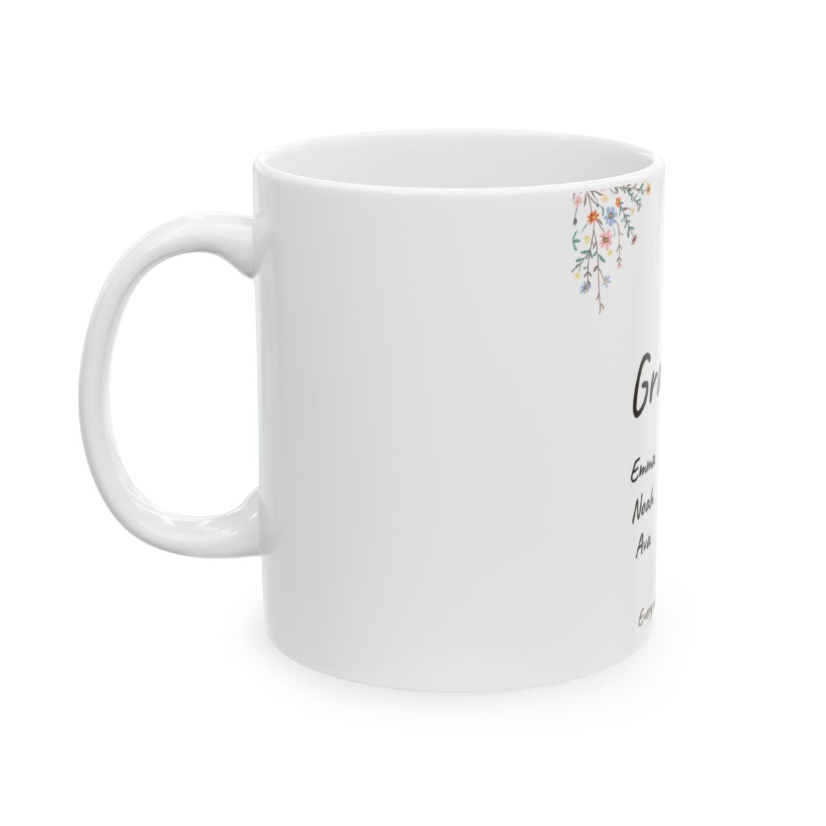 Wildflower mug seen from the left, showing how the design wraps around the body