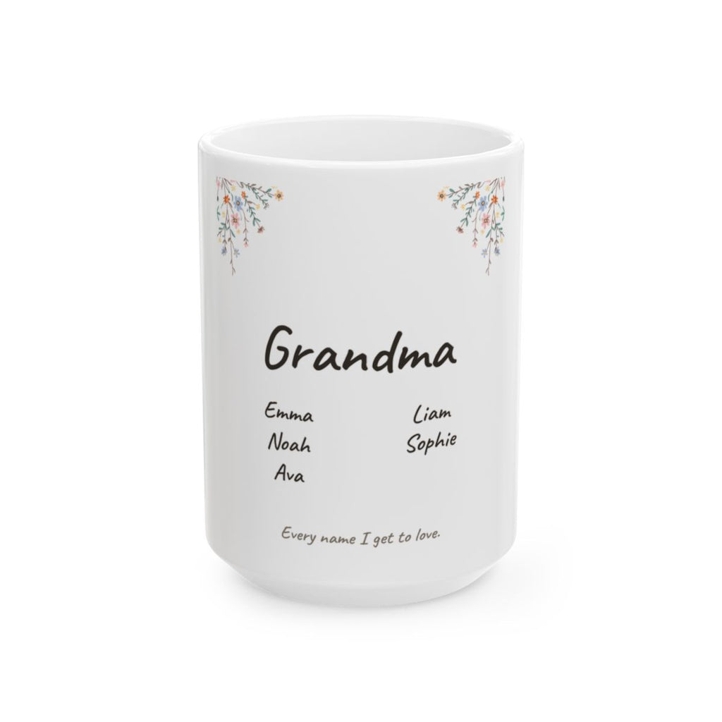 The 15 oz size of the Wildflower grandkids names mug