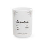 The 15 oz size of the Wildflower grandkids names mug