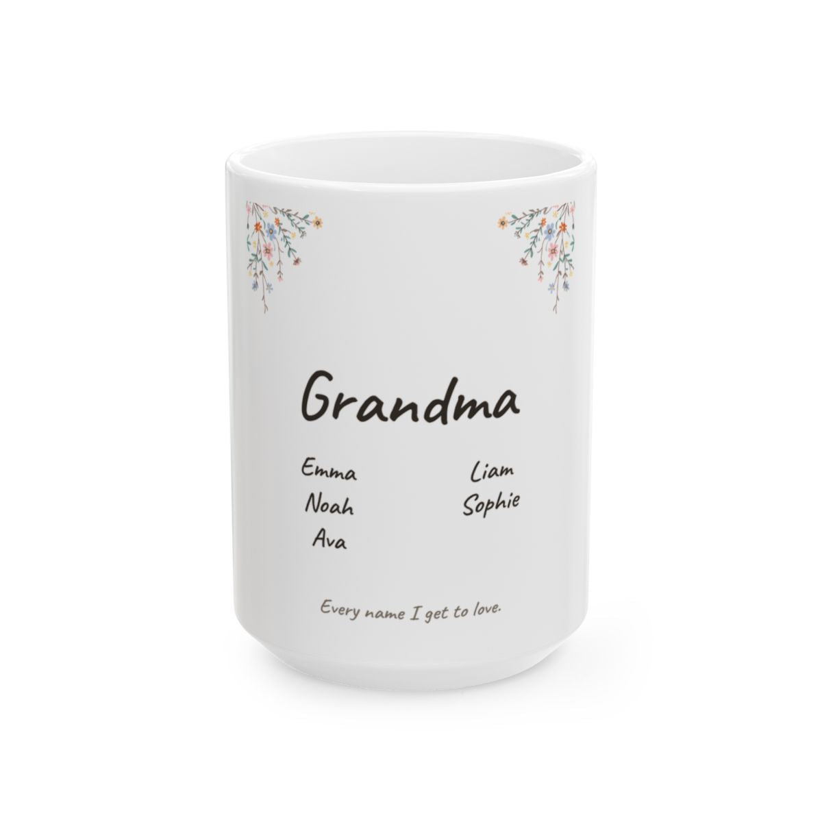 The 15 oz size of the Wildflower grandkids names mug